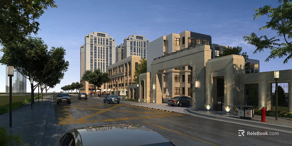 Modern Commercial Street Scene With Tall Buildings Cars Trees And Gateway 3d model 