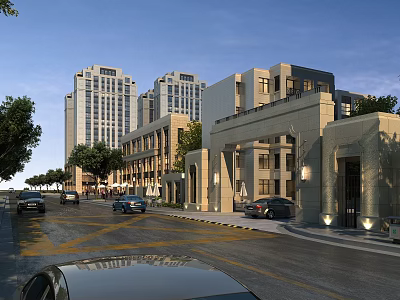 Modern Commercial Street Scene With Tall Buildings Cars Trees And Gateway 3d model
