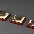 Three Rockery Stones Displayed in Transparent Cases with Red Wooden Bases and Golden Nameplates