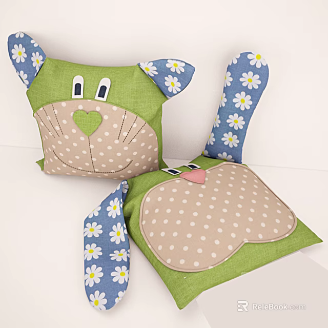 Cute Stuffed Animal Toys With Green Faces Brown Polka Dot Noses And Blue Daisy Ears 3d model 