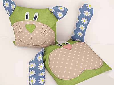 Cute Stuffed Animal Toys With Green Faces Brown Polka Dot Noses And Blue Daisy Ears 3d model