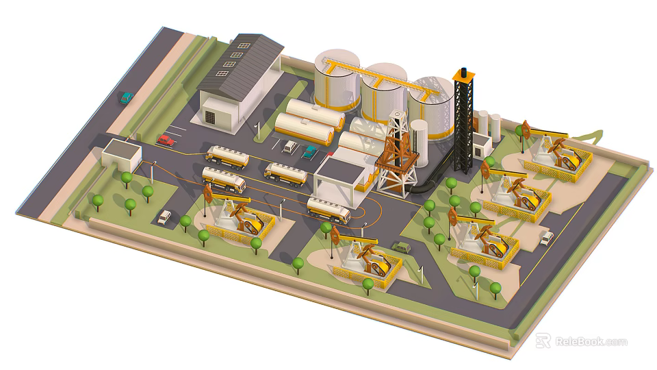 Cartoon Industrial Plant Scene with Silos Crane Trucks Buildings and Trees 3d model 