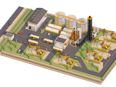 Cartoon Industrial Plant Scene with Silos Crane Trucks Buildings and Trees 3d model