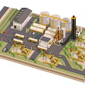 Cartoon Industrial Plant Scene with Silos Crane Trucks Buildings and Trees