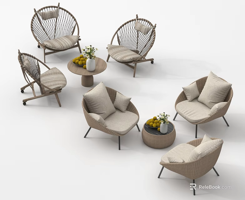 Rattan Outdoor Chairs With Soft Cushions And Round Table Decorated With Fruits And Flowers 3d model 