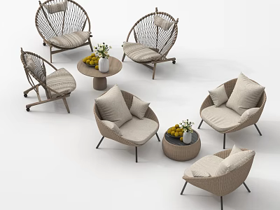 Rattan Outdoor Chairs With Soft Cushions And Round Table Decorated With Fruits And Flowers 3d model