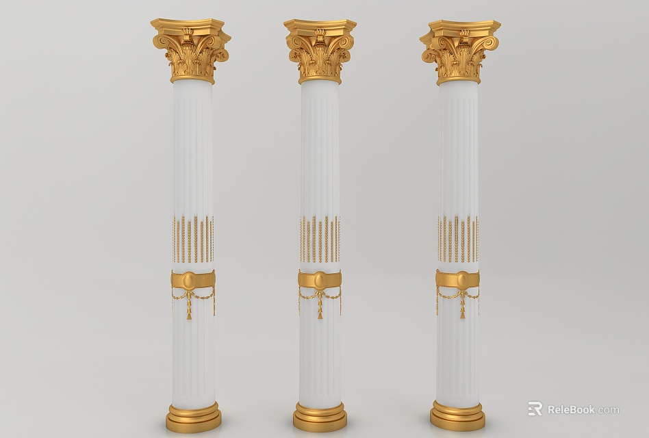 Three Ornate White Roman Columns with Gold Decorative Capitals and Bases 3d model 