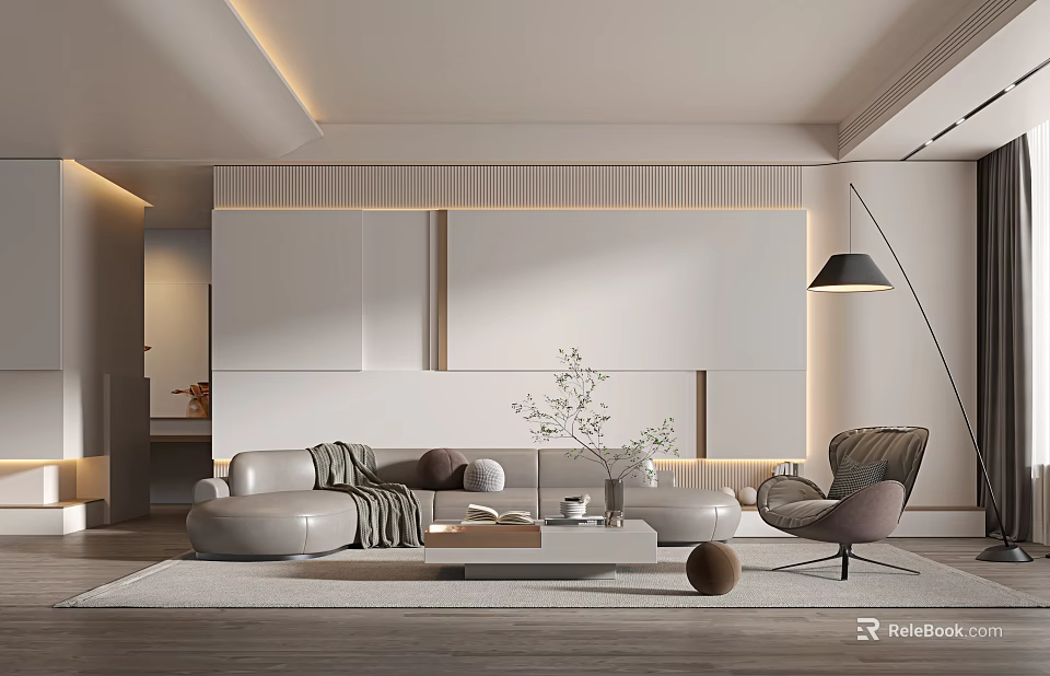 Modern Living Room With White Wall Beige Sofa Floor Lamp Coffee Table And Decorative Plant 3d model 