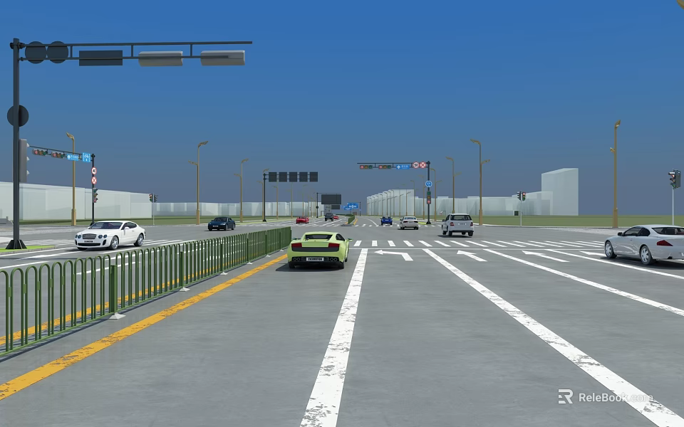 Wide Highway Road With Traffic Signs Street Lights And Guardrails For Vehicles 3d model 