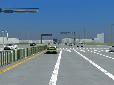 Wide Highway Road With Traffic Signs Street Lights And Guardrails For Vehicles 3d model