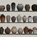 Assorted Ceramic Vessels Display on Three Shelves with Various Colors Shapes and Textures 3d model