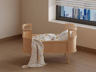 Wooden Baby Crib in Room with Window Blinds City View Patterned Blanket and Wooden Floor 3d model