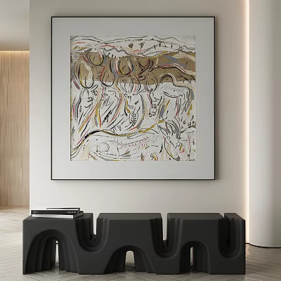 Colorful Abstract Painting Hanging In Modern Interior With Wooden Paneling Black Furniture And Books Below 3d model