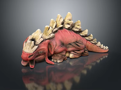 Red Mythical Creature Sculpture With White Bony Spikes And Open Mouth 3d model