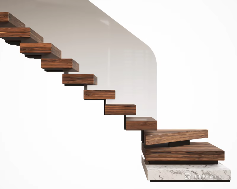 Modern Minimalist Floating Walnut Staircase With Marble Base And Sleek Design 3d model 