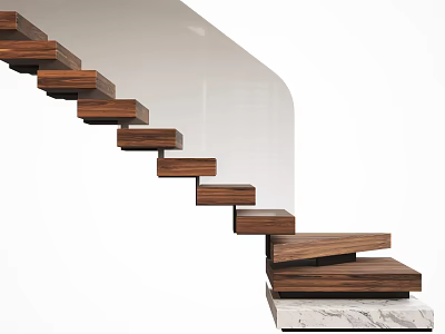 Modern Minimalist Floating Walnut Staircase With Marble Base And Sleek Design 3d model
