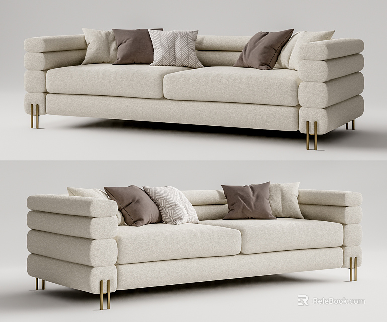Modern Beige Two-Seater Sofa with Brown and Gray Striped Pillows and Gold Metal Legs 3d model 