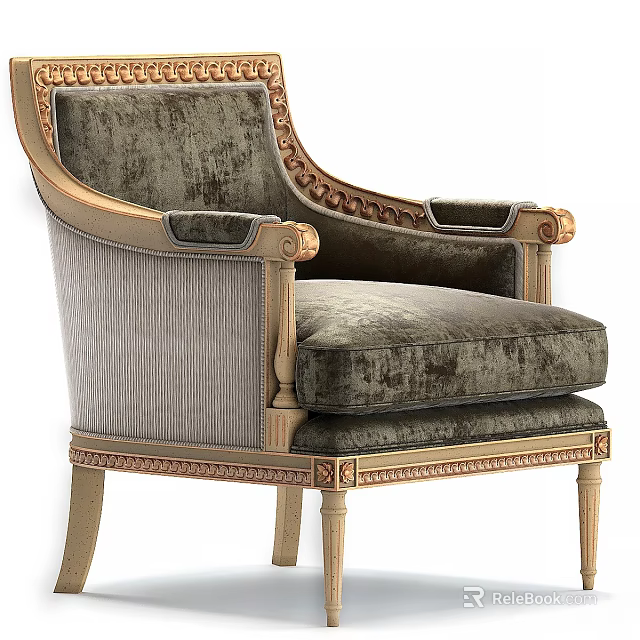 Luxury Classic Accent Chair With Gray Velvet Upholstery Golden Trim And Carved Wooden Details 3d model 