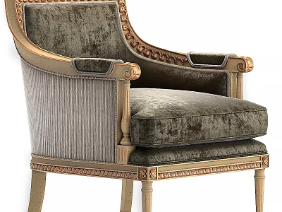 Luxury Classic Accent Chair With Gray Velvet Upholstery Golden Trim And Carved Wooden Details 3d model