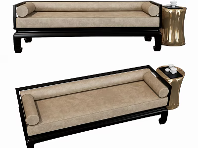 Traditional Chinese Daybed With Black Wooden Frame Beige Upholstered Cushion And Side Gold Tea Table 3d model
