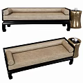 Traditional Chinese Daybed With Black Wooden Frame Beige Upholstered Cushion And Side Gold Tea Table
