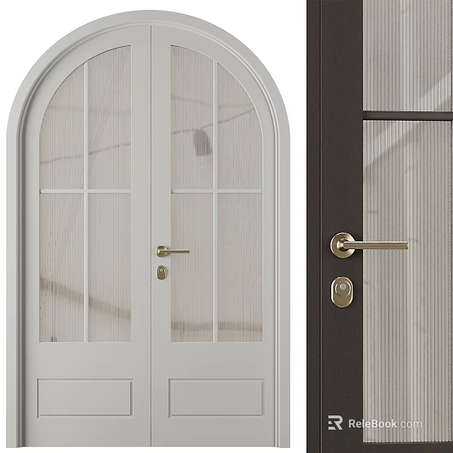 White Arched Top and Dark Vertical Striped Sliding Doors with Gold Handles 3d model 