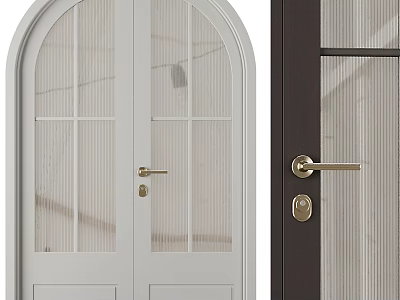 White Arched Top and Dark Vertical Striped Sliding Doors with Gold Handles 3d model