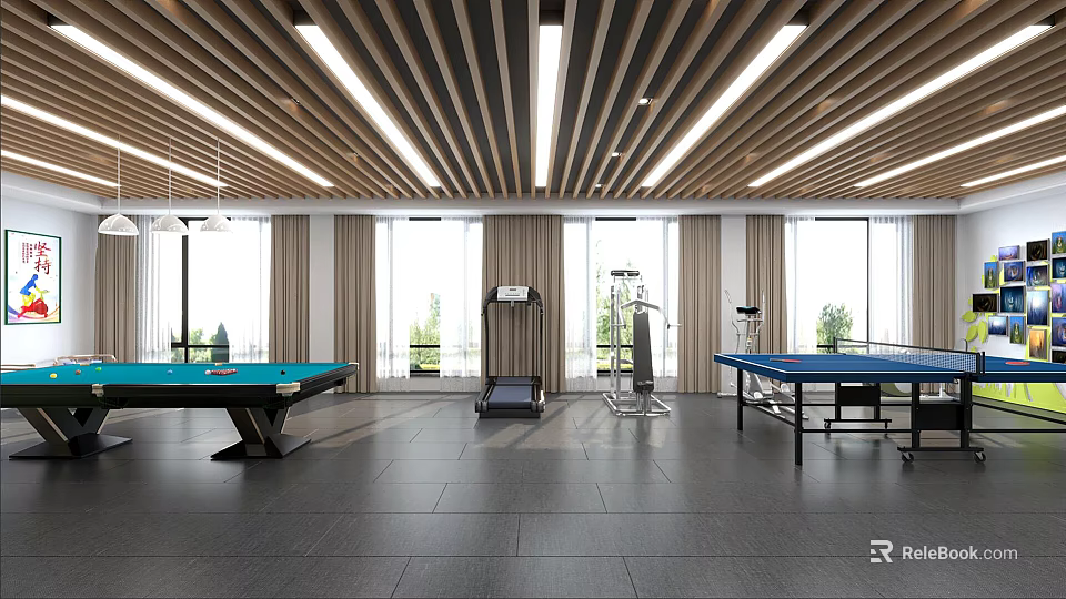 Spacious Modern Fitness Center With Treadmill Strength Training Equipment And Sports Tables 3d model 