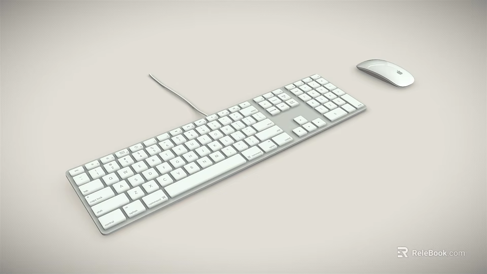 White Full Size Wired Keyboard with Numeric Keypad and Mouse on Light Background 3d model 