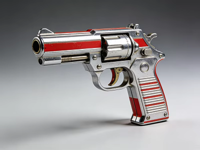 Red And Silver Striped Revolver Toy With Detailed Grip And Design 3d model