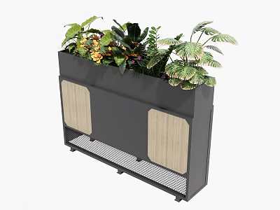 Modern Gray Planter Box With Wooden Panels And Lush Green Plants 3d model