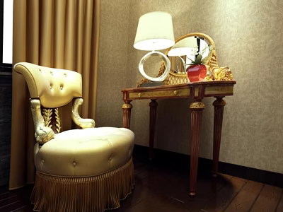 Vintage Dressing Table With Gold Accents Mirror Table Lamp And Upholstered Tassel Chair 3d model