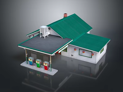 Gas Station Model With Green Roof White Building And Colorful Gas Pumps 3d model