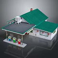 Gas Station Model With Green Roof White Building And Colorful Gas Pumps