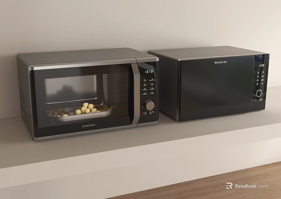 Two Sleek Black Microwave Ovens With Digital Display As Modern Kitchen Appliances 3d model 