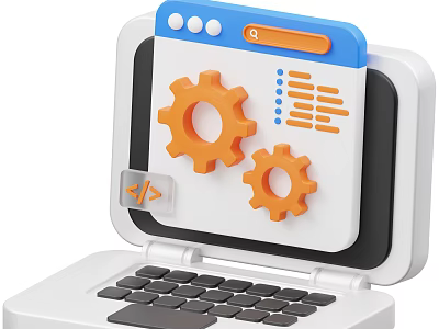 Modern Laptop Screen Display Featuring Orange Gears And Programming Code Symbol 3d model