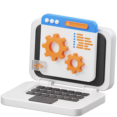 Modern Laptop Screen Display Featuring Orange Gears And Programming Code Symbol 3d model
