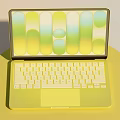 Stylish Yellow Laptop Showing Geometric Patterns on Round Platform Against Soft Blue Beige Background