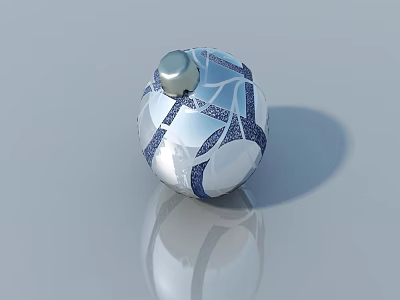 Swing Door With Blue And White Geometric Patterns And Silver Top On Gray Reflective Surface 3d model