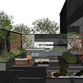 Modern Garden Design Featuring Outdoor Seating Area Green Plants Water Feature And Stone Flooring