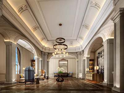 Elegant Restaurant Hall Interior With Decorative Ceiling Arched Doorways Columns And Chandeliers 3d model