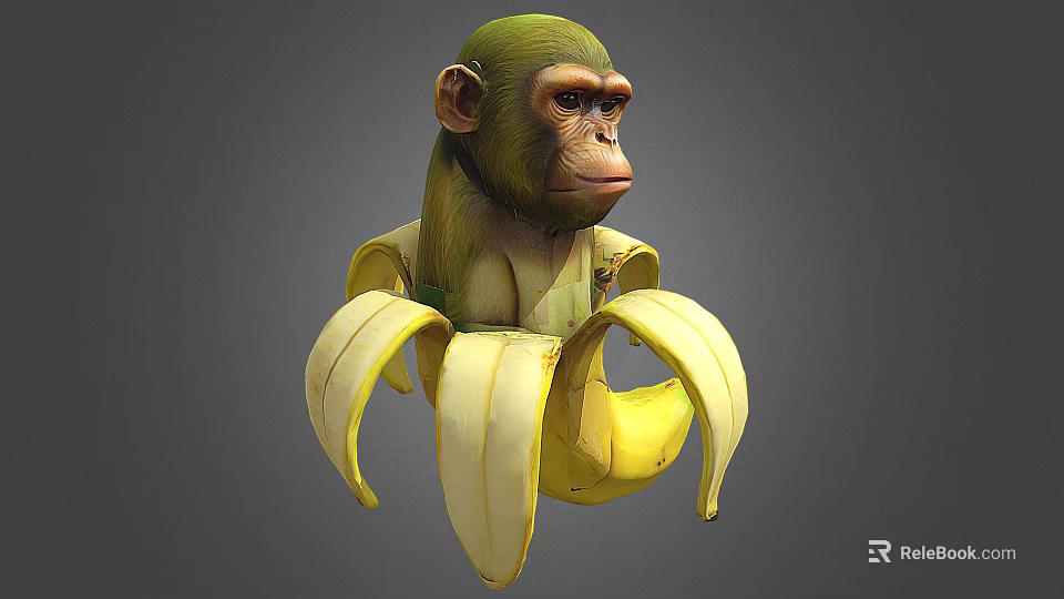 Artistic 3D Green Monkey Sculpture Holding Peeled Banana With Detailed Features 3d model 