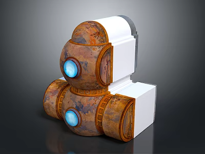 Rusted Metal Mechanical Equipment With Blue Glowing Circular Components And White Structural Parts 3d model