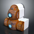 Rusted Metal Mechanical Equipment With Blue Glowing Circular Components And White Structural Parts