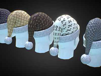 Various Patterned Winter Hats With Pom Poms On White Mannequin Heads 3d model