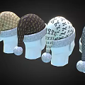 Various Patterned Winter Hats With Pom Poms On White Mannequin Heads