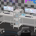 Gaming Desks With Dual Monitors RGB Lighting PC Case Stand And Checkered Wall