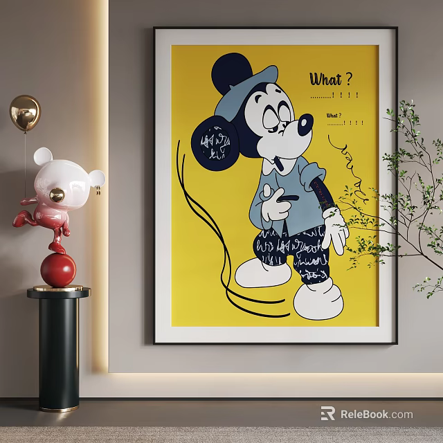 Abstract Painting With Cartoon Character Yellow Background Black Lines And Modern Art Style 3d model 