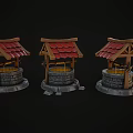 Garden Ornament Well Structure With Red Tiled Roof Wooden Frame And Stone Base