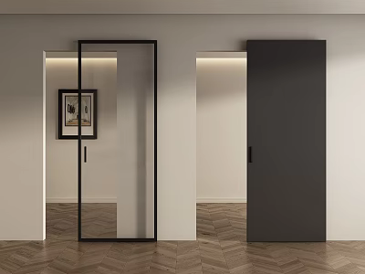 Modern Sliding Doors With Black Frame Glass Panels In Interior Space Herringbone Wood Floor 3d model